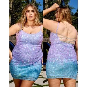 Primavera Couture 14025 Ombre Crystal Blue Sequin Curvy Cocktail Dress 18W